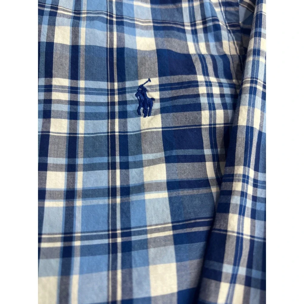 Ralph Lauren Button Down Shirt Boys Large 14-16 Blue Excellent Plaid Classic A56